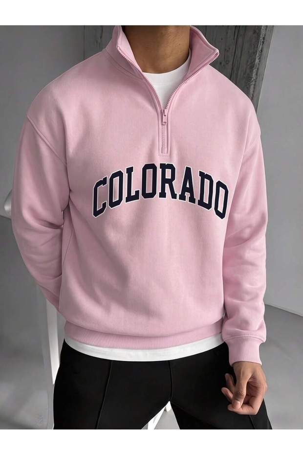 Unisex Pink Colorado Printed Half-Zipper Stand Collar Sweathirt Printed Premium Oversize T-Shirt
