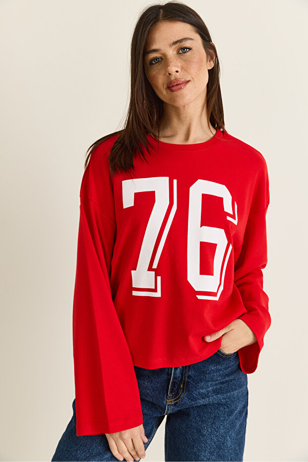Women's Red Print Detailed Long Sleeve Oversize Modal Blouse 12511 60286532