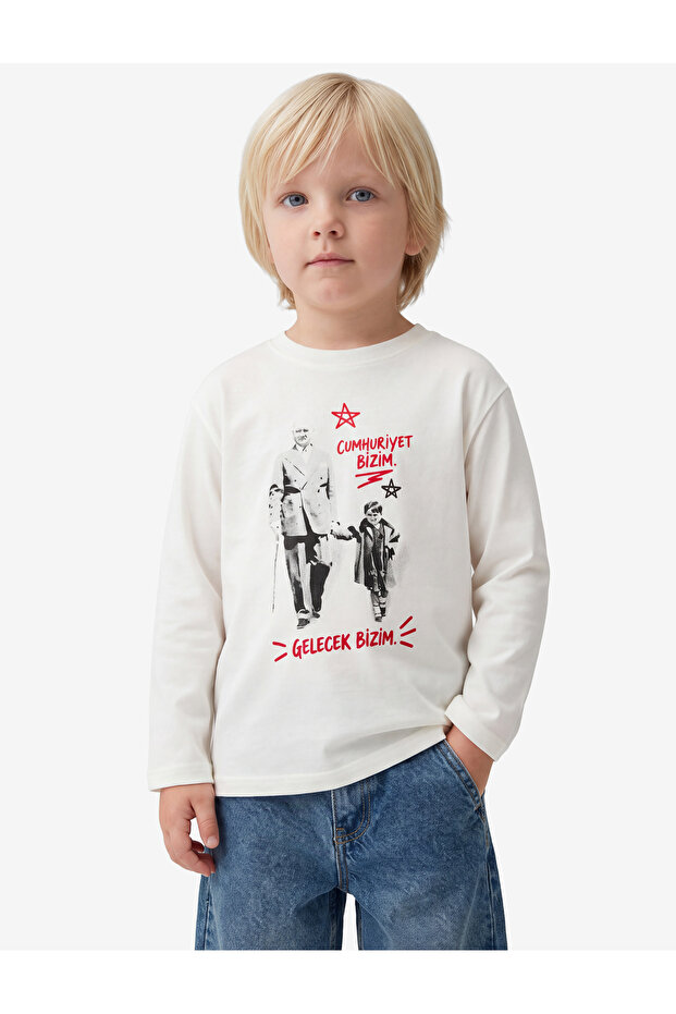 Ataturk Printed Cotton Crew Neck Long Sleeve T-Shirt
