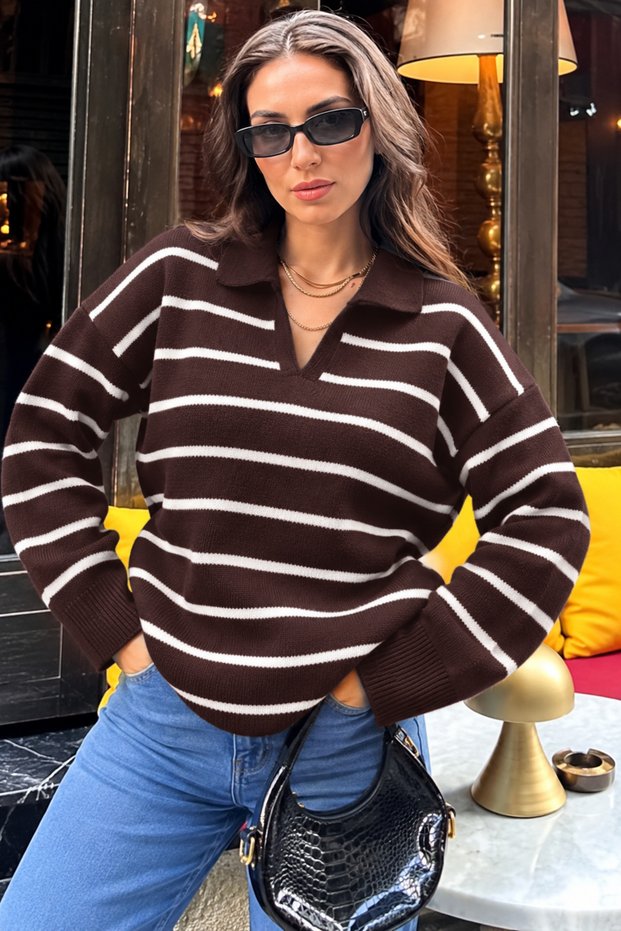 Women's Shirt Collar Striped Sports Knitwear Sweater