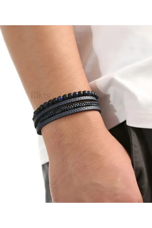 Navy Blue Multi-Layered Leather Bead Braided Bracelet - Antiallergic Men's Bracelet