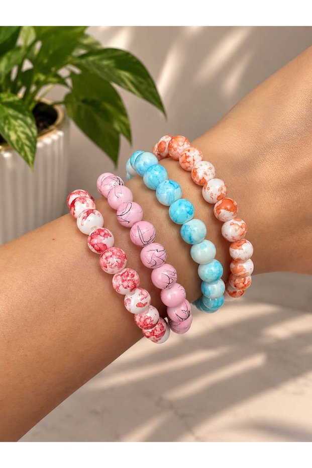 Set of 4 Colorful Beaded Bracelets for Women Orange Blue Red Pink Stylish Daily Jewelry Accessory Combination Handmade Gift
