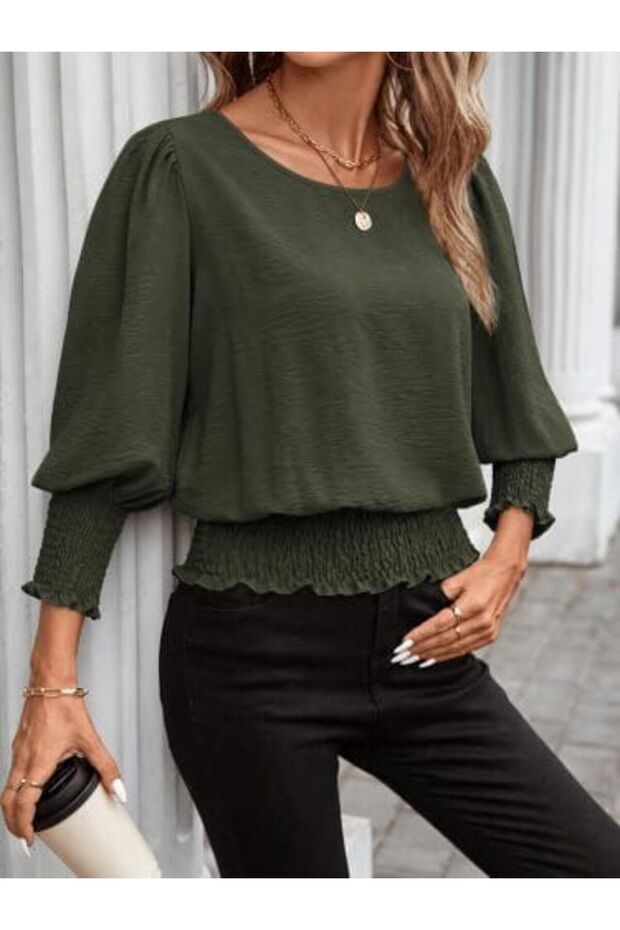 Women's Long Sleeve Round Neck Aerobin Blouse-62688-Khaki