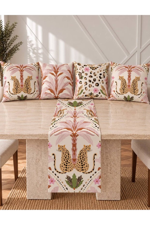 Suede Fabric, Double-Sided Printed 5-Piece Combination Throw Pillow Cover and Runner Set