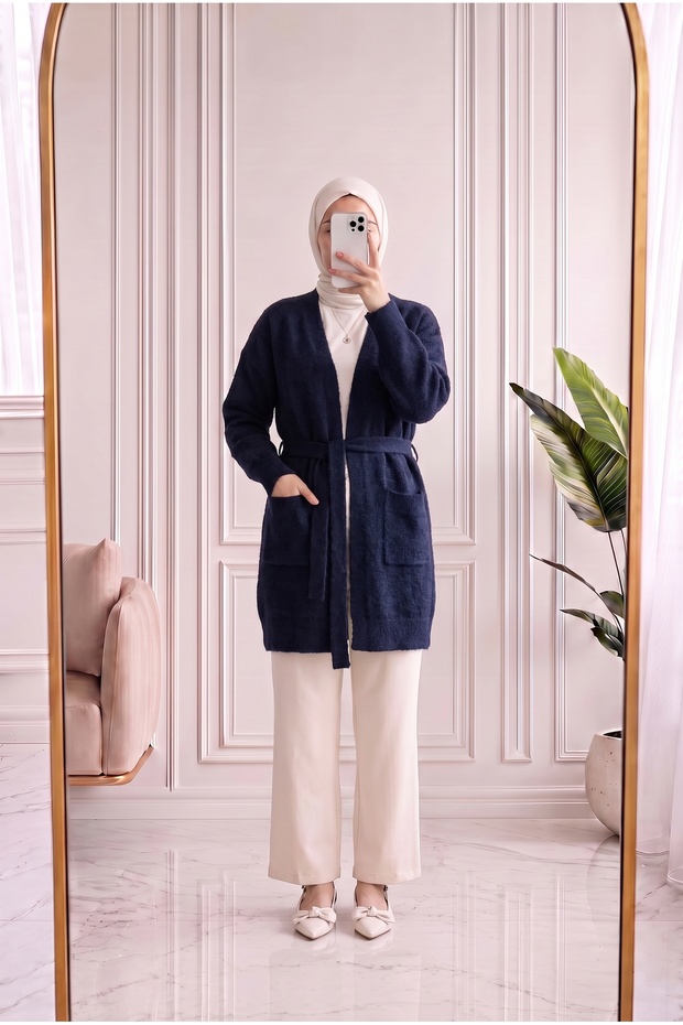 Meltemay Double Pocket Tied Knitwear Cardigan-Kr6012 Navy Blue