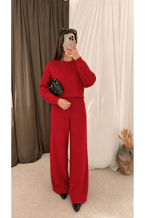 Braided crop knitwear pantsuit - red
