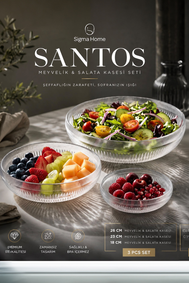 Santos - Set of 3 Glass Salad Bowls 18-23-26 cm Fruit Bowl and Serving Bowl
