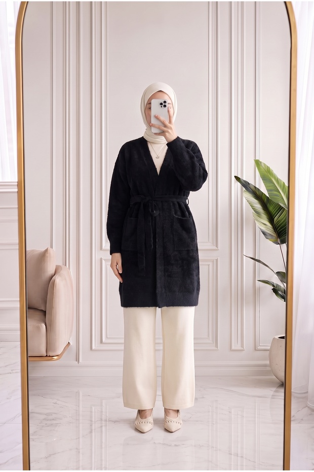 Meltemay Double Pocket Tied Knitwear Cardigan-Kr6012 Black
