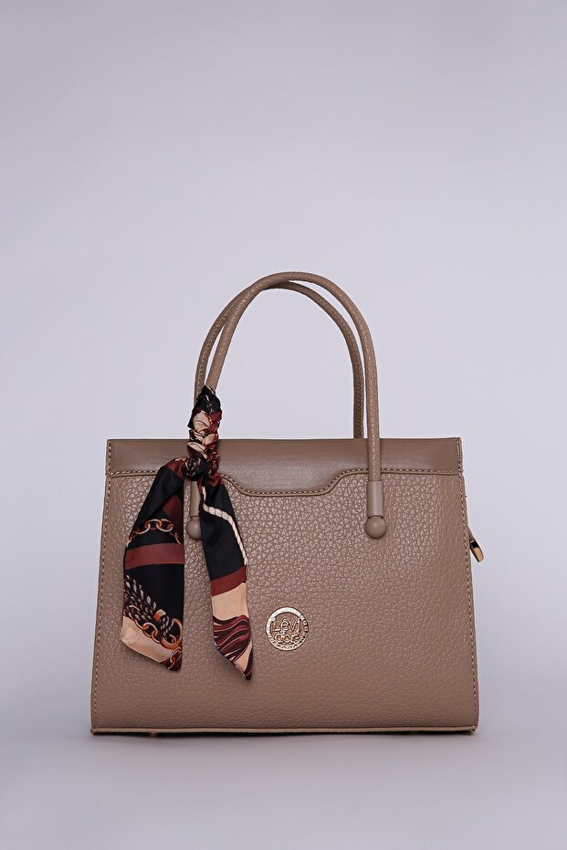 Top ribbon detailed scarf hand and shoulder bag mink