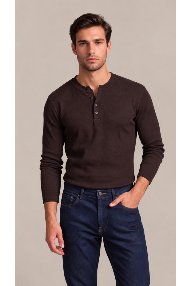 Men's Long Sleeve Ribbed Buttoned Collar Slim Fit T-Shirt