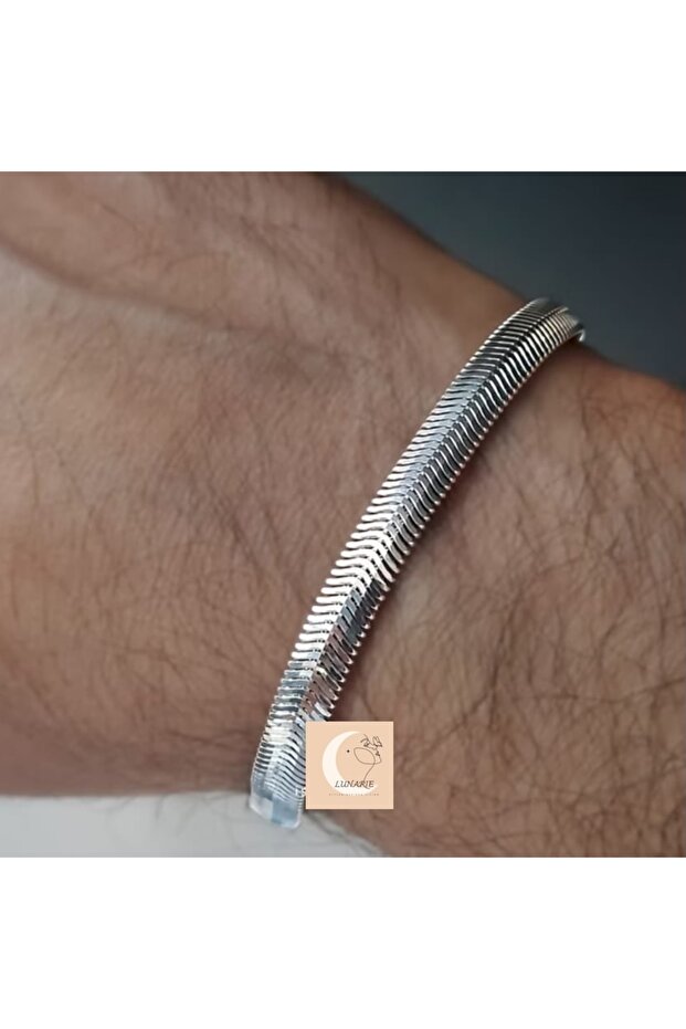 Silver Snake Chain Bracelet - Italian Flat Crushed Chain Bracelet - Silver Color Non-Tarnish Steel Classic Thick Unisex Bracelet
