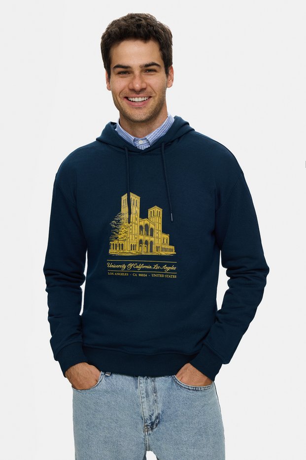Thayer Navy Blue Hooded Cotton Printed Loose Fit Men's Sweatshirt