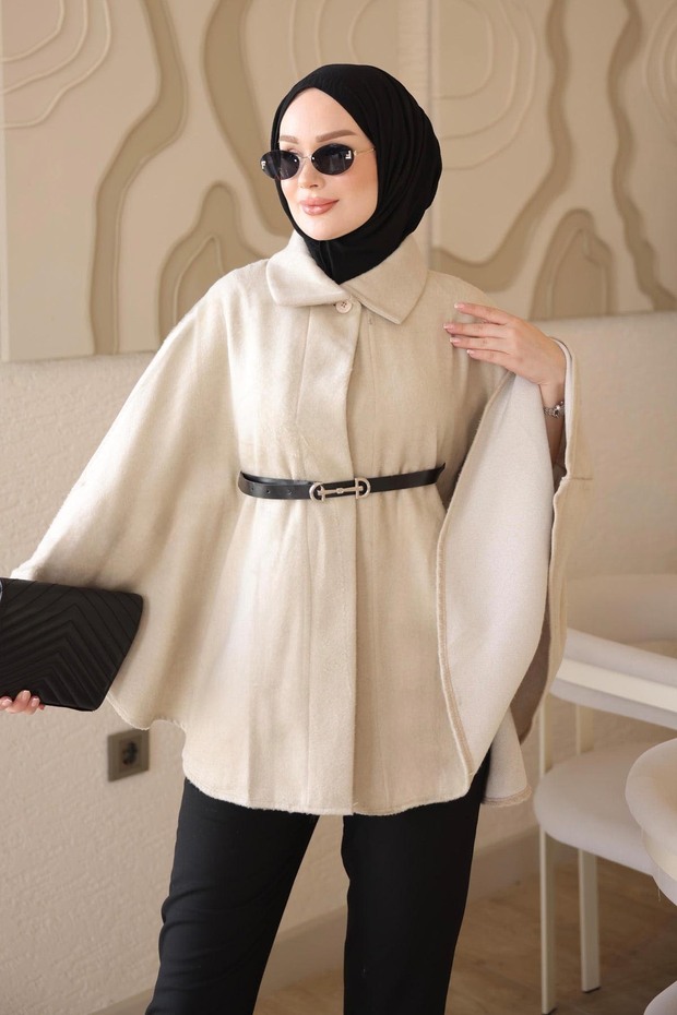 Beige Oversize Patterned Belted Cashmere Poncho