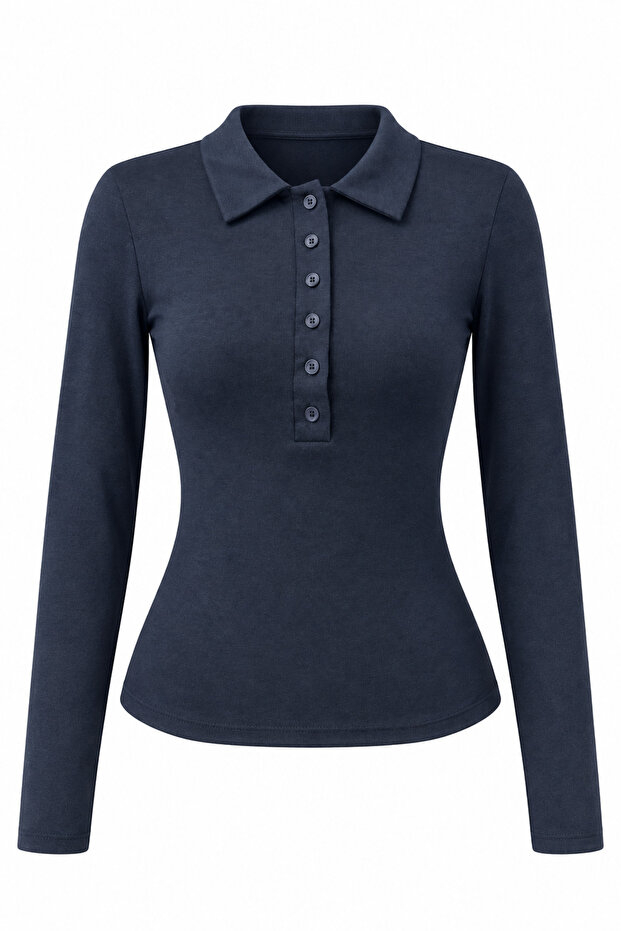 2246 Women's Polo Collar Buttoned Long Sleeve Slim Fit Blouse Navy Blue