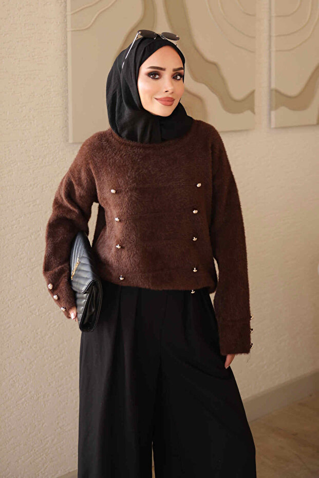 Brown Button Detailed Angora Knit Sweater