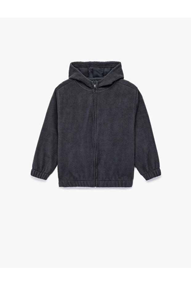 Long Sleeve Textured Zippered Hooded Fleece Sweatshirt