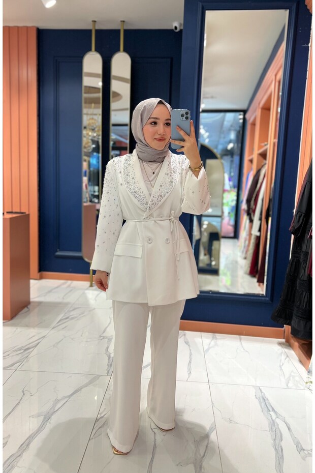 Jewelled Jacket Set White