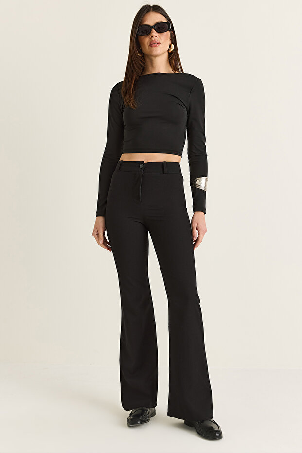 Women's Black High Waist Spanish Leg Fabric Pants 8062 60286548