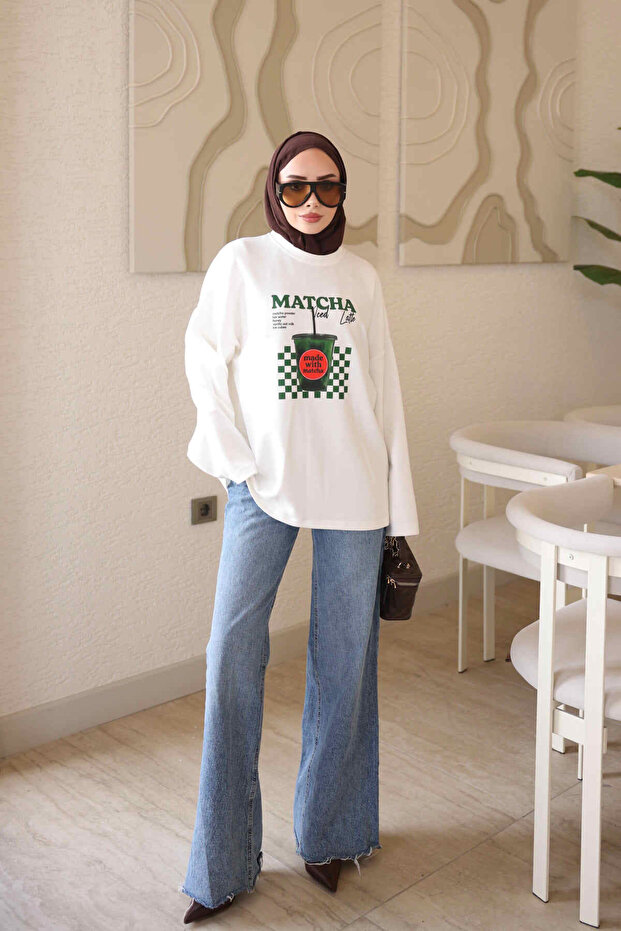 Ecru bicycle collar printed sweatshirt