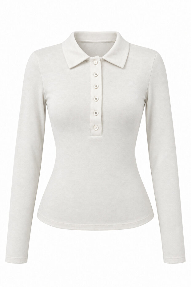 2246 Women's Polo Collar Buttoned Long Sleeve Slim Fit Blouse White