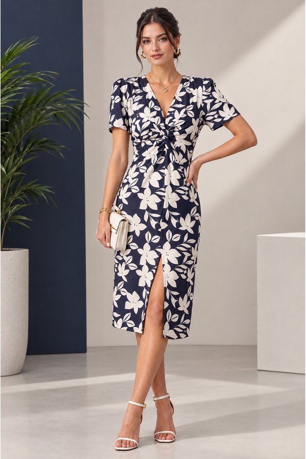 Women's V-Neck Floral Pattern Waist Gathered Slit Detailed Midi Dress