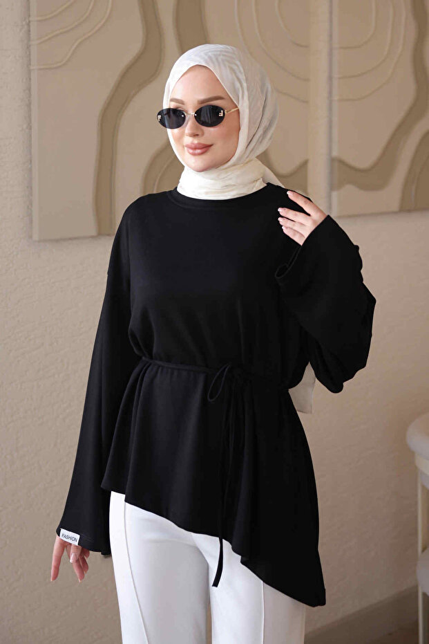 Black Asymmetrical Cut Tunic with Waist Tie