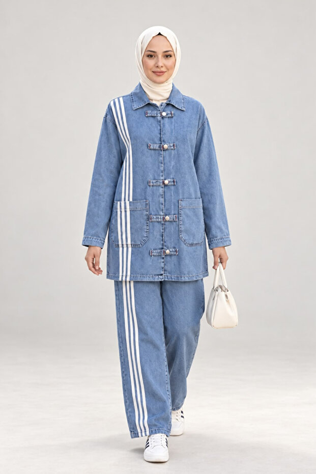 Women's Striped Detailed Buttoned Pocketed Light Blue Denim Two-Piece Set