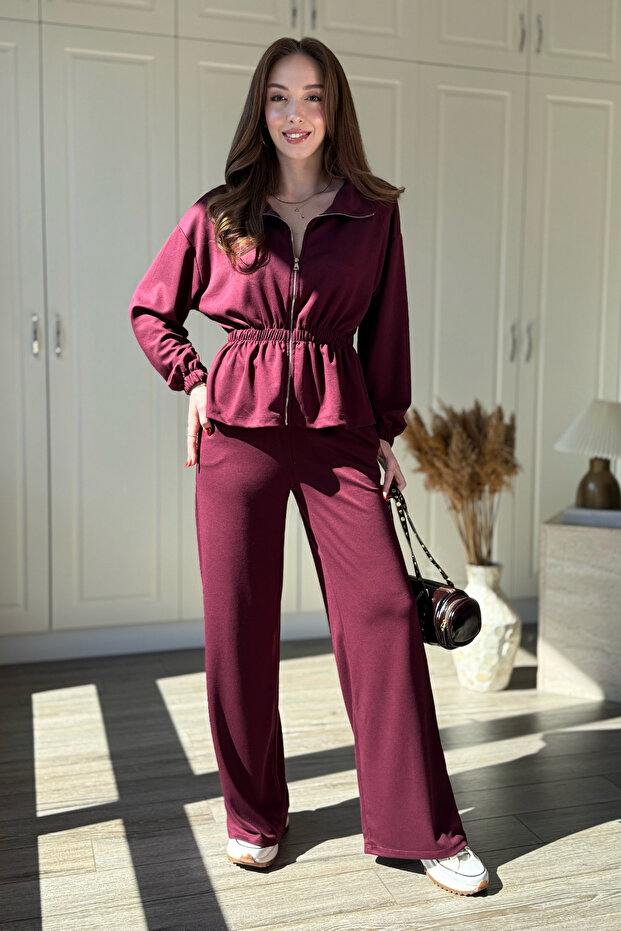 Zippered Waist Drawstring Modal Claret Red Trousers Cardigan Set