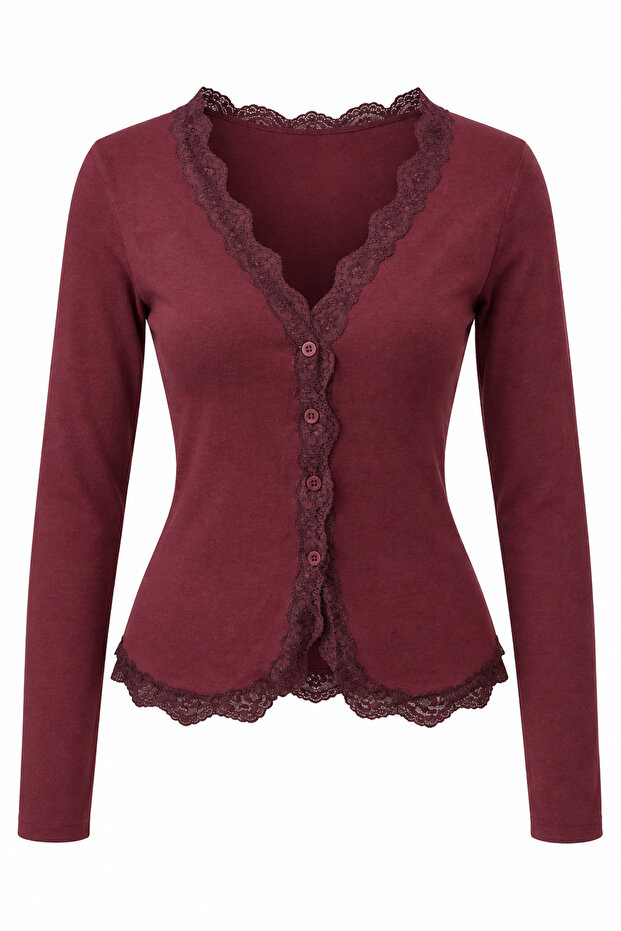 2244 Women's Lace Detailed V-Neck Buttoned Long Sleeve Blouse Claret Red