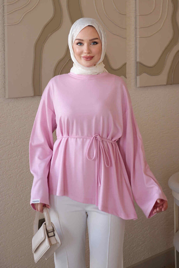 Pink Waist-Tie Asymmetrical Cut Tunic