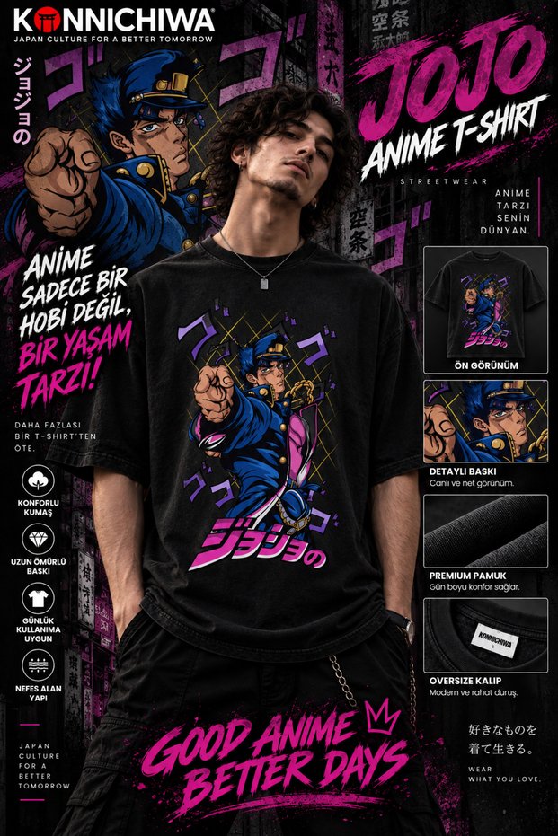 Jojo's Bizarre Adventure Anime T-Shirt Tee Tshirt - Jotaro, Giorno and Jojo Characters Printed Black
