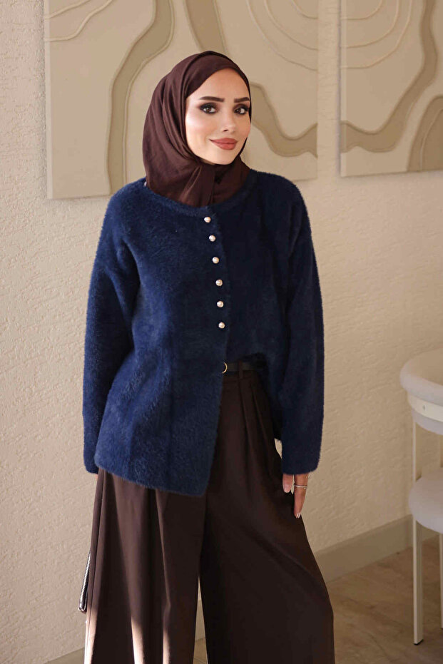 Navy Blue Buttoned Angora Soft Knit Cardigan