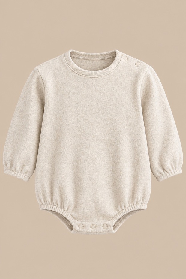 Unisex Baby Cotton Long Sleeve Bodysuit with Snap Fasteners on the Shoulder and Bottom, Beige