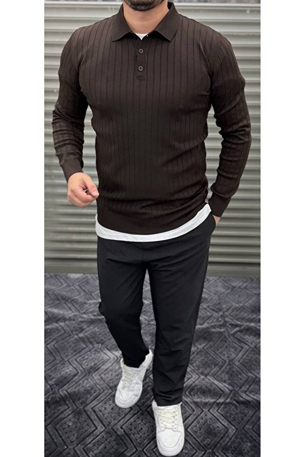 Polo Neck Buttoned Men's Knitwear Sweater