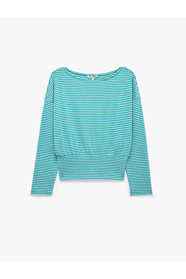 Cotton Boat Neck Long Sleeve Striped T-Shirt