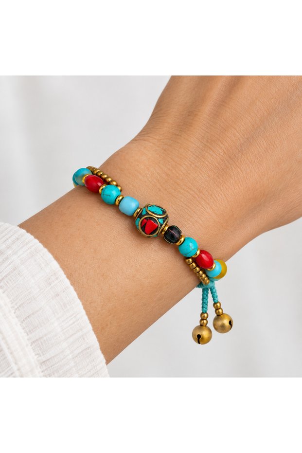 Turquoise Red Beaded Double Row Bracelet with Gold Detail, Stylish Women's Accessory