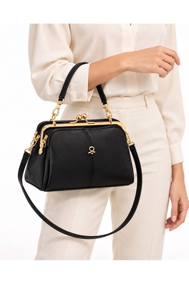 Women's Black Metal Clip Three-Compartment Long Strap Hand and Shoulder Bag