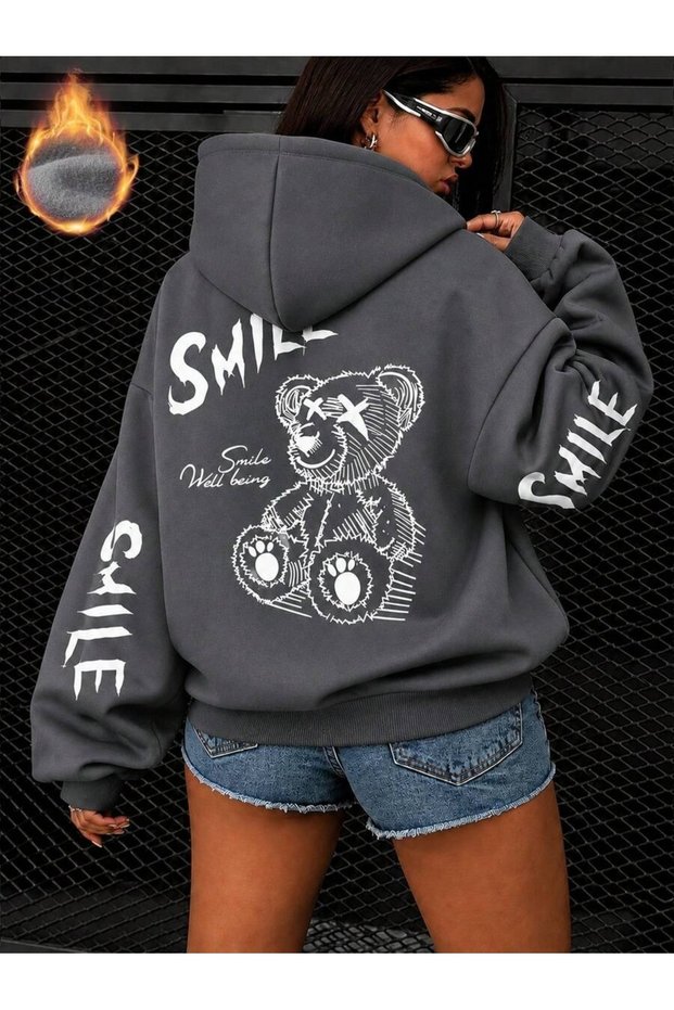 Unisex Anthracite Smile Teddy Bear Back Printed Hooded Sweatshirt Printed Premium Oversize T-Shirt