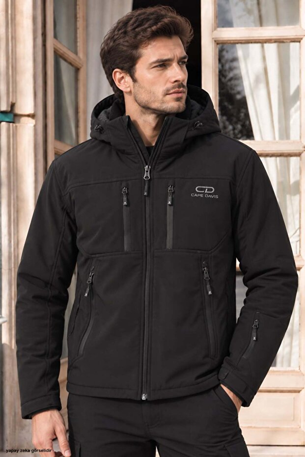 Men's Top Pocket Zippered Plush Lined Hooded Softshell Coat 161