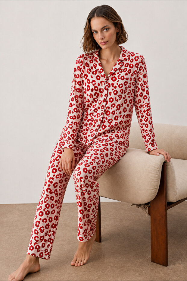 Women's Shirt Collar Long Sleeve Red Pajama Set