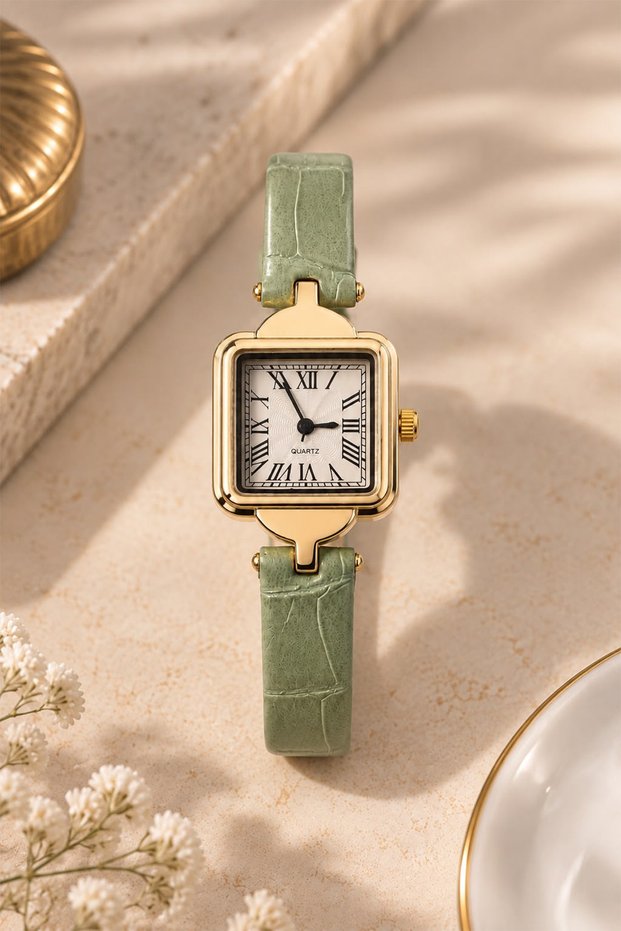 Osso Women's Wristwatch - Mint Green Croco Pattern Leather Band, Gold Square Case, White Dial with Roman Numerals Minimal Vintage Women's Watch