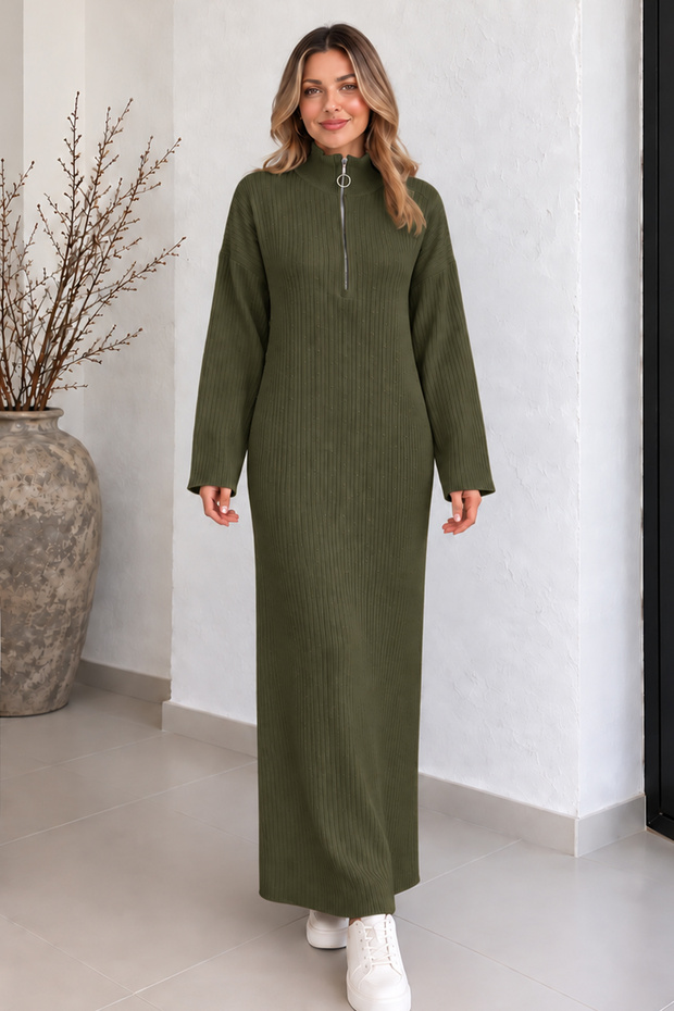 Ribbed Knitwear Dress with Zipper on the Collar K3067 Khaki