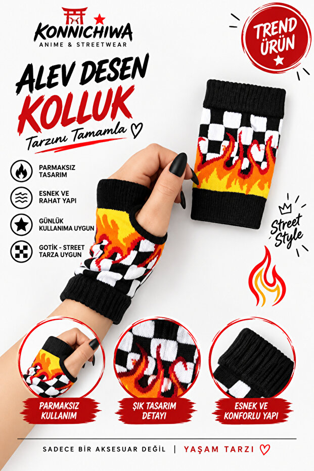 Flame Patterned Fingerless Arm Sleeves – Black and White Checkered Streetwear Wristband Gloves