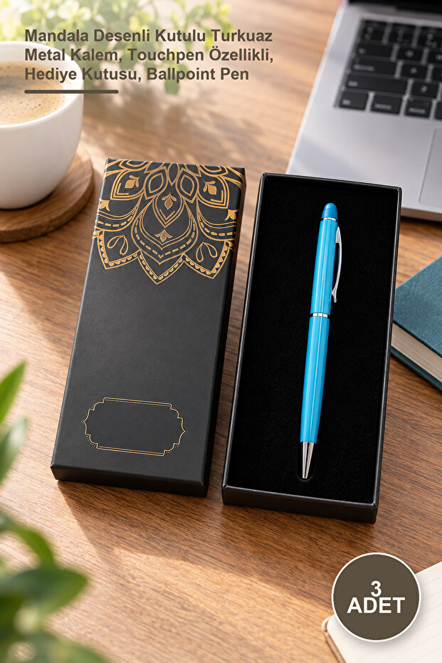 3 Ballpoint Pens – Turquoise Metal Pen with Mandala Patterned Box, Touchpen Feature, Gift Box, Ballpoint Pen
