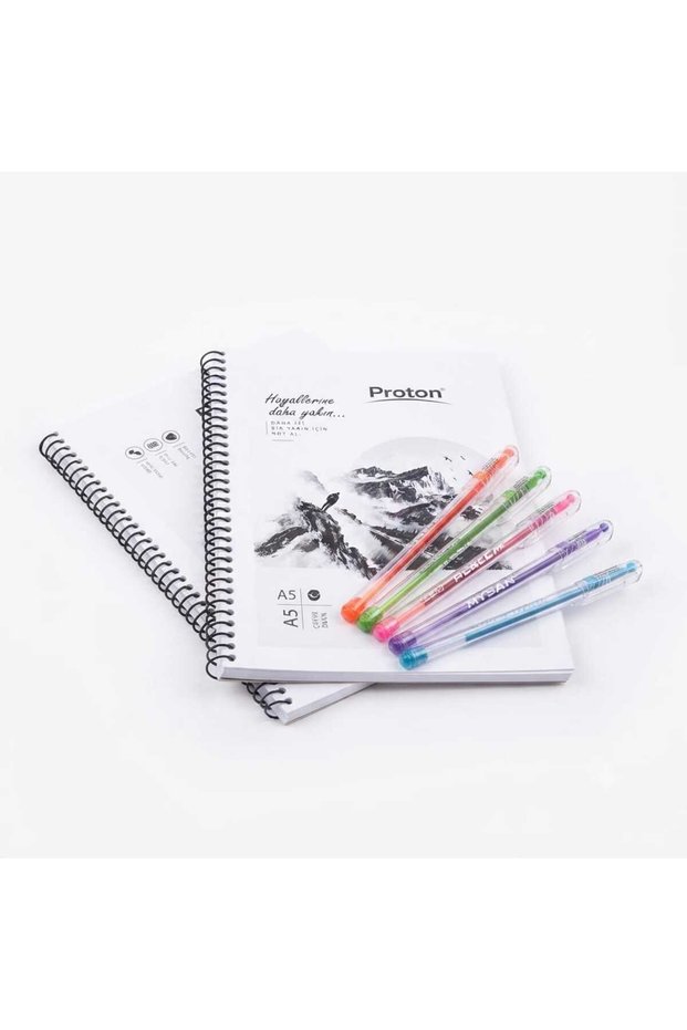 2Pcs 80 Sheets A5 Spiral Unlined Notebook & 5Pcs Colorful Ballpoint Pens Set - Office School Stationery Gift Set