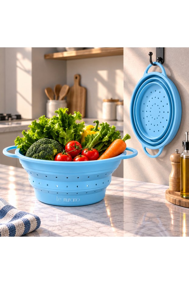 Flow Collapsible Food Grade Silicone Strainer, Bpa-Free Sgs & Fda Approved 100% Platinum Silicone, Food Grade, Odor and Stain Resistant, Food Grade, Double Handle Kitchen Strainer, Lm0018/12