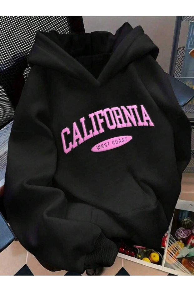 Unisex Black Pink California Printed Hooded Sweatshirt Printed Premium Oversize T-Shirt