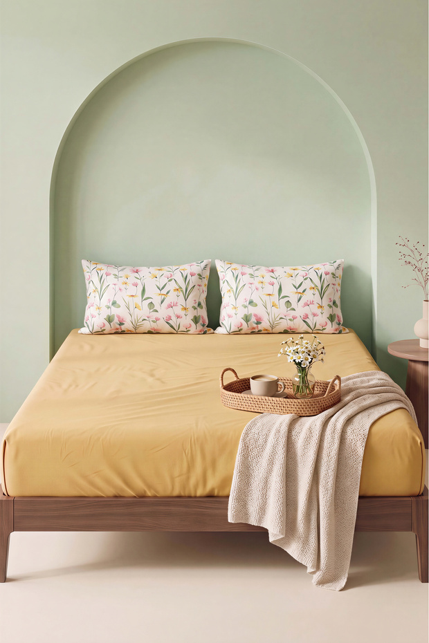 Yellow Botanical Double Elastic Bed Sheet Set 160X200 cm - 3 Pieces