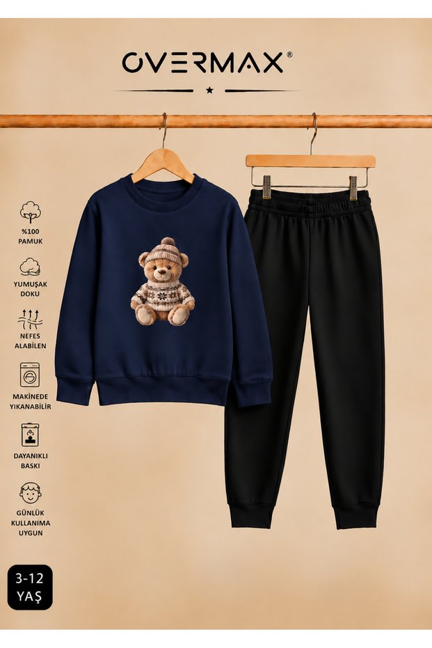 Teddy Bear Printed Children's Hoodless Sweatshirt Tracksuit Set 3-12 Years