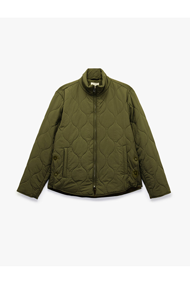 Long Sleeve Zippered Quilted Stand Collar Jacket with Pockets